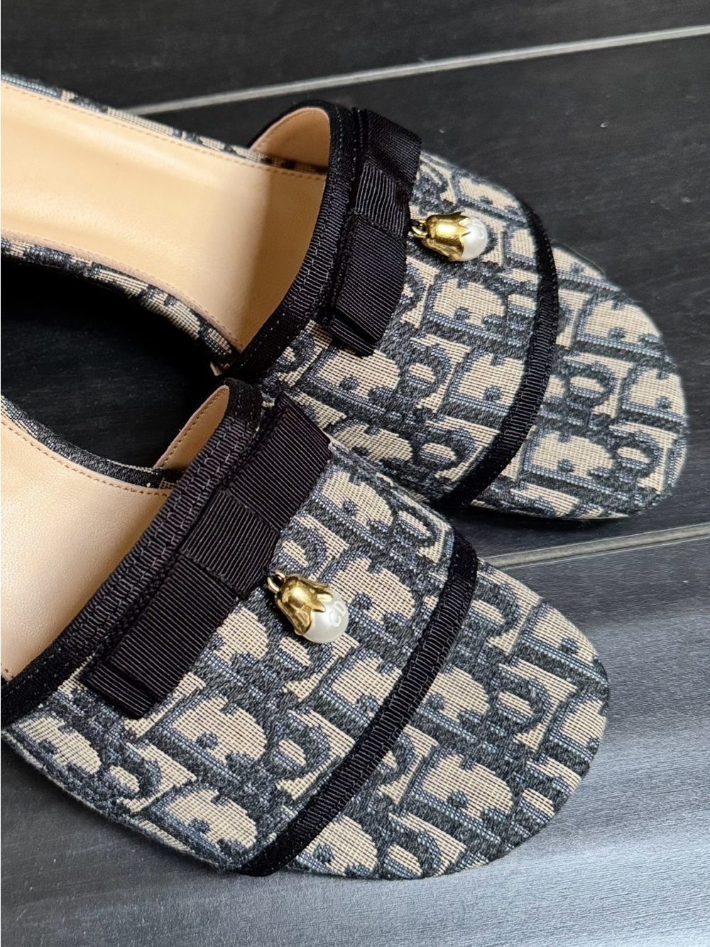 Women's Navy Canvas Oblique Monogram Dior Logo with Bow Sandals size 8.5-9